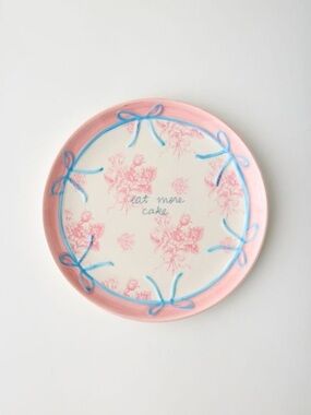 Eat More Cake Pink Decorative Floral Small Trinket Dessert Plate Blue Bows